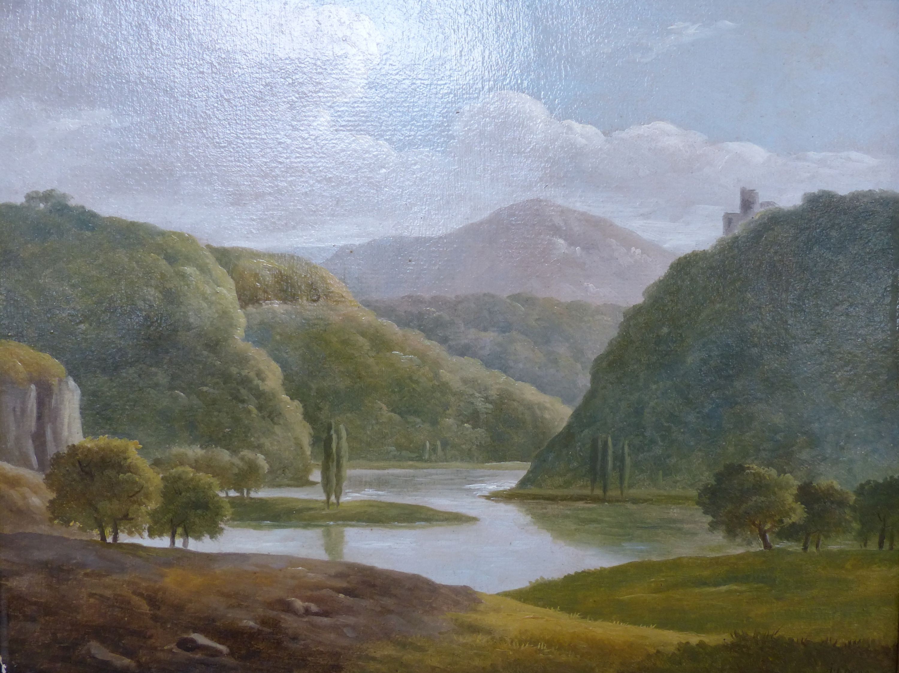 J Connell, oil on card, Lake scene, 20 x 27cm